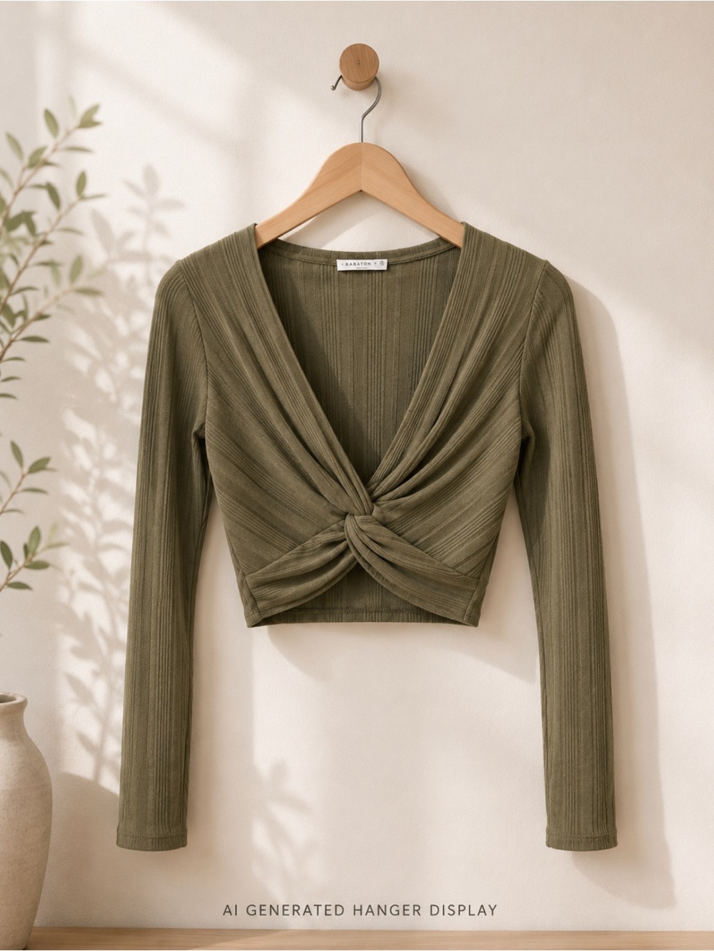 Knot-Front Ribbed Long-Sleeve Crop Top Olive